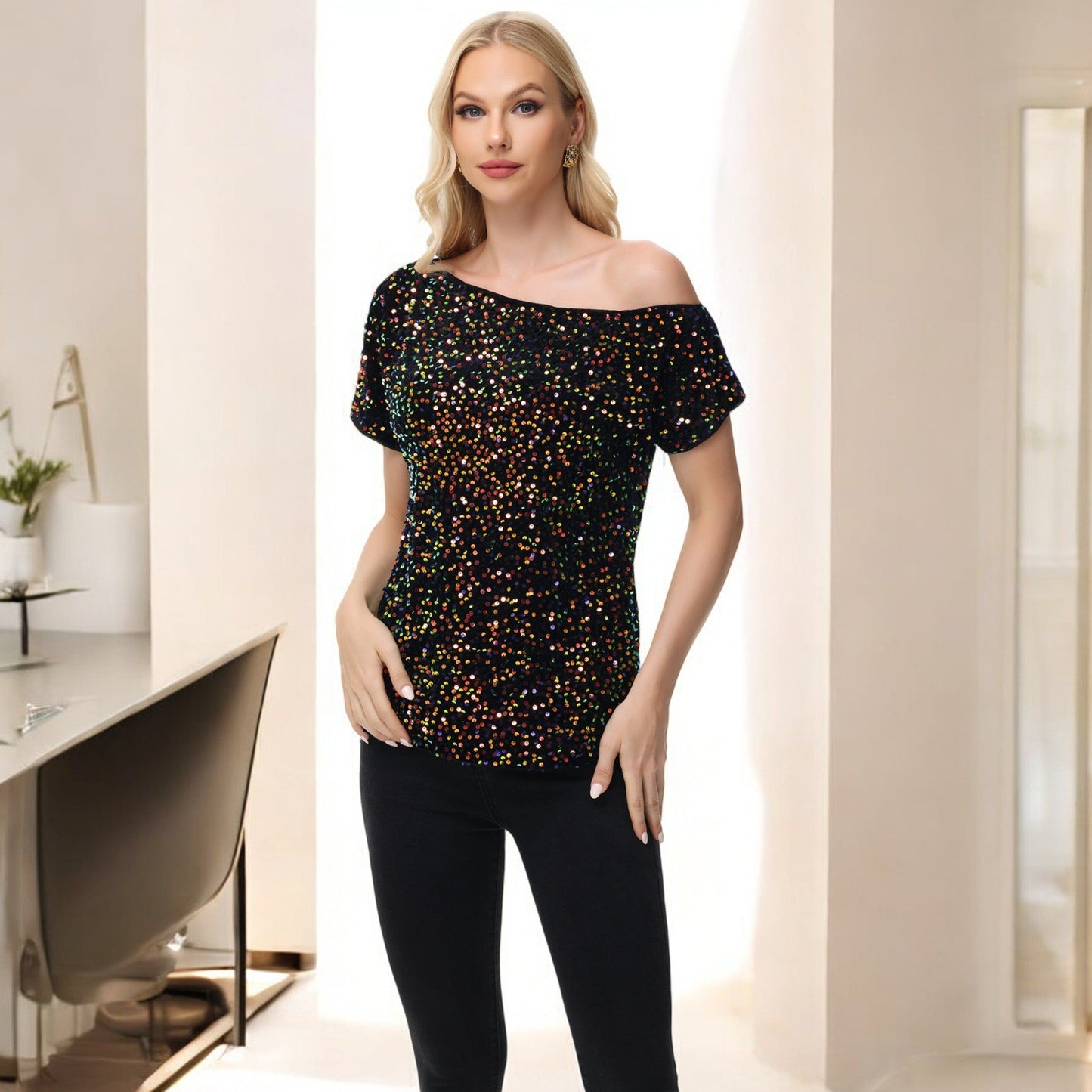 Off-Shoulder Sequin Short Sleeve Top with Relaxed Fit