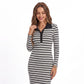 Striped Polo Midi Dress Long Sleeve Collared Button Placket Fitted Knit Dress