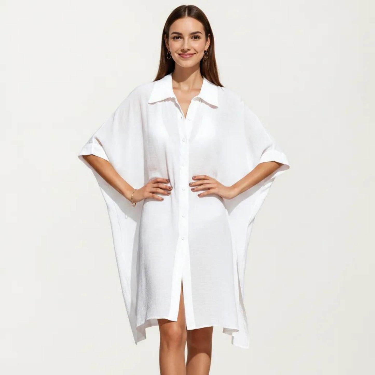 Button Front Swim Cover Up Shirt Dress Loose Lightweight Beach Kaftan