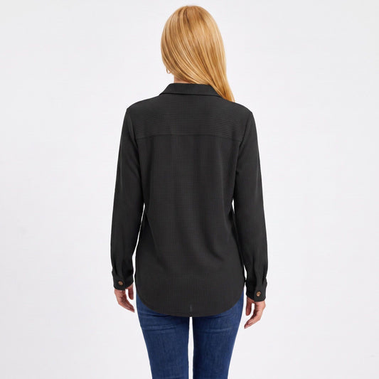 Textured Button Front Long Sleeve Shirt with Chest Pocket