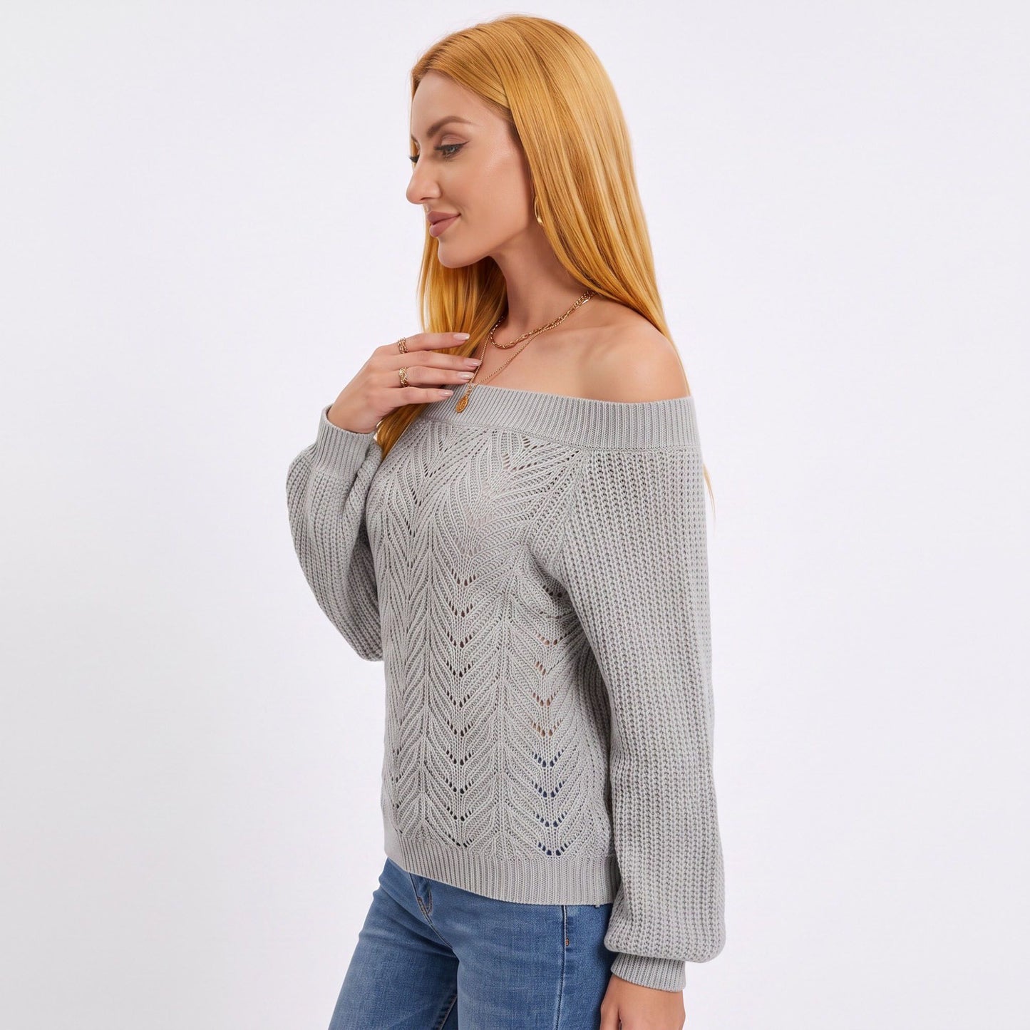Off Shoulder Pointelle Knit Long Sleeve Sweater