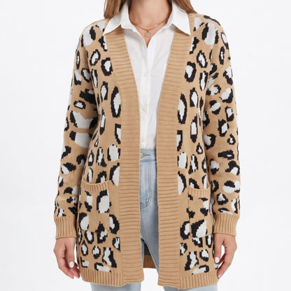 Animal Print Long Open Front Cardigan with Pockets