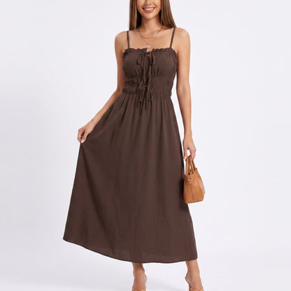 Smocked Midi Dress Spaghetti Strap Tie Front A Line Dress