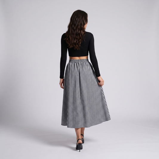Gingham Midi Skirt with Smocked Waistband, Gathered A-Line Shape and Side Pockets