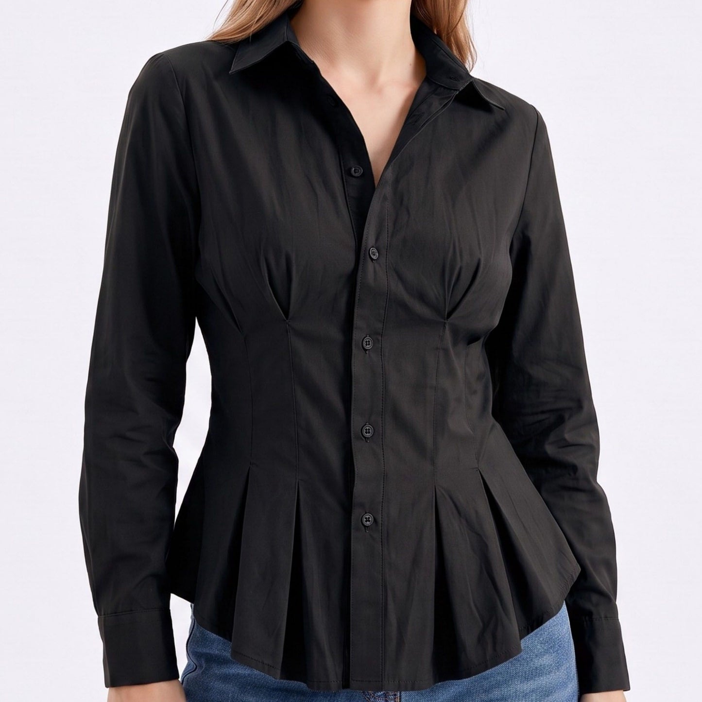 Long Sleeve Button Down Peplum Shirt with Collared Neckline
