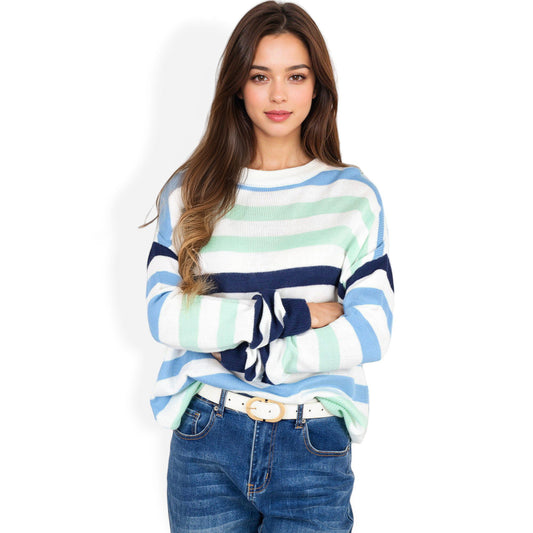 Striped Knit Sweater with Long Sleeves and Relaxed Fit