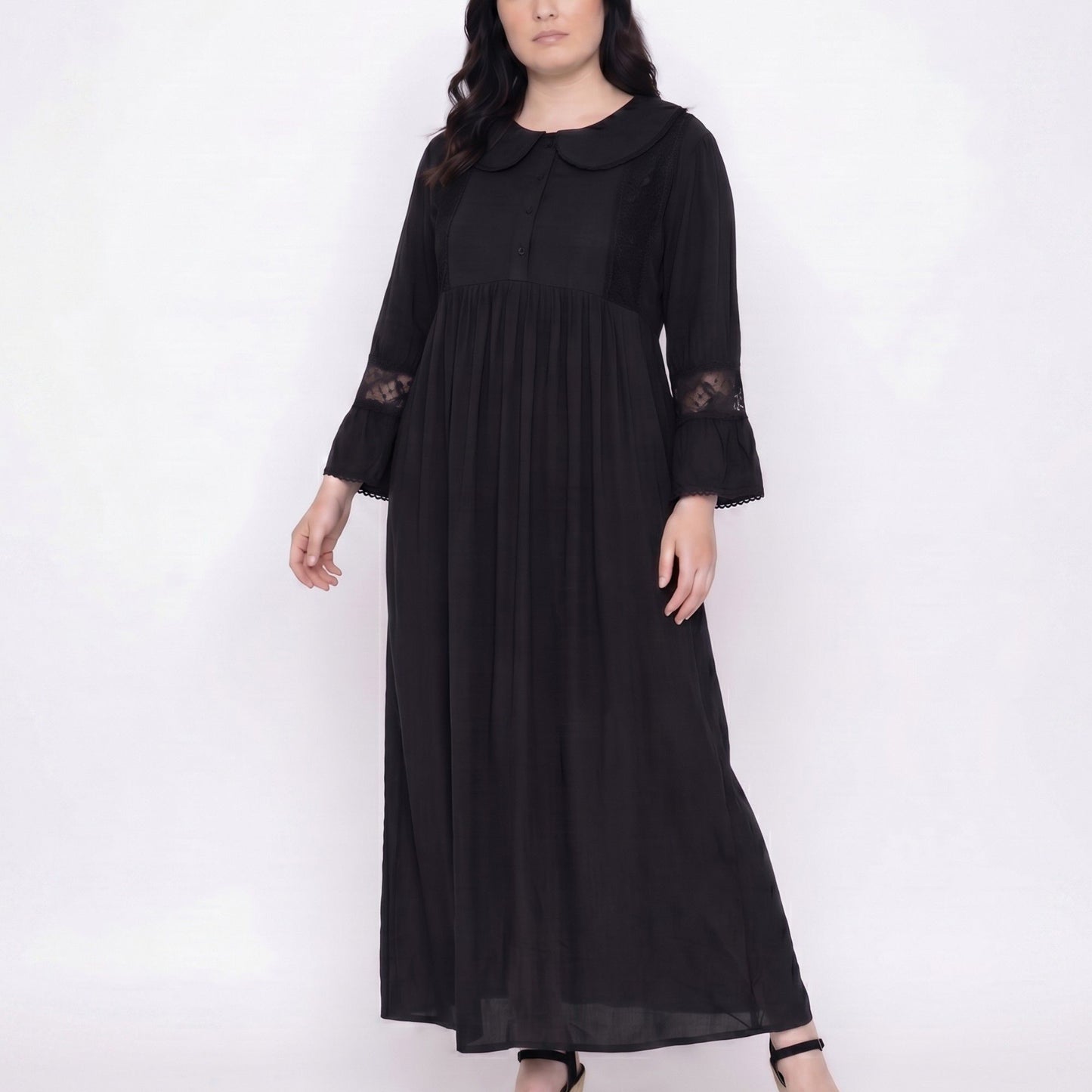 Long Sleeve Button Front Maxi Nightgown Peter Pan Collar Lace Trim Sleep Dress