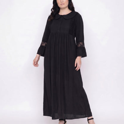 Long Sleeve Button Front Maxi Nightgown Peter Pan Collar Lace Trim Sleep Dress