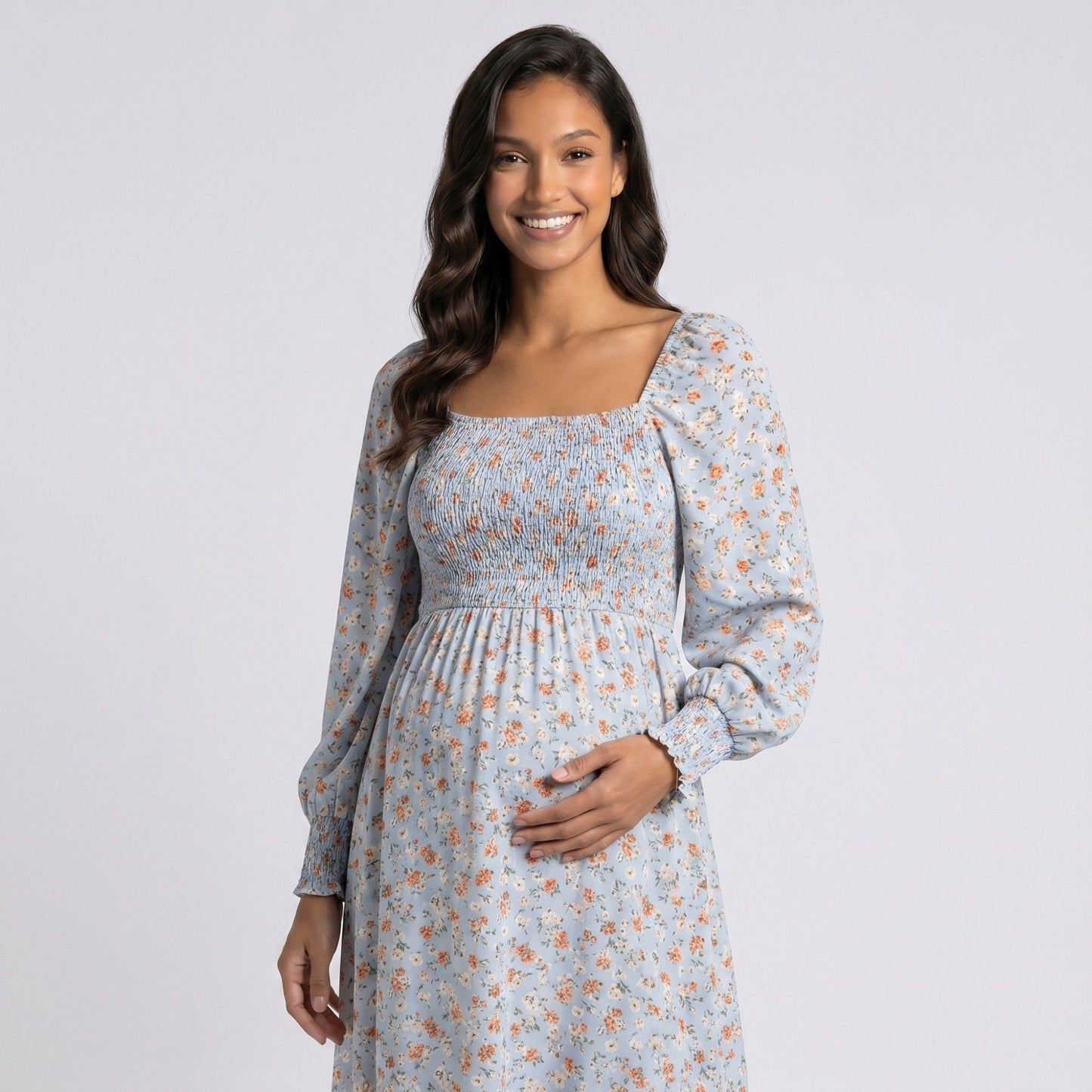 Maternity Floral Square Neck Midi Dress with Long Sleeves and Smocked Bodice