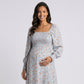 Maternity Floral Square Neck Midi Dress with Long Sleeves and Smocked Bodice