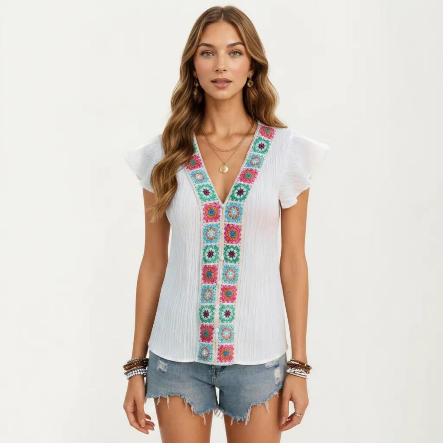 Boho Embroidered V-Neck Flutter Sleeve Textured Blouse