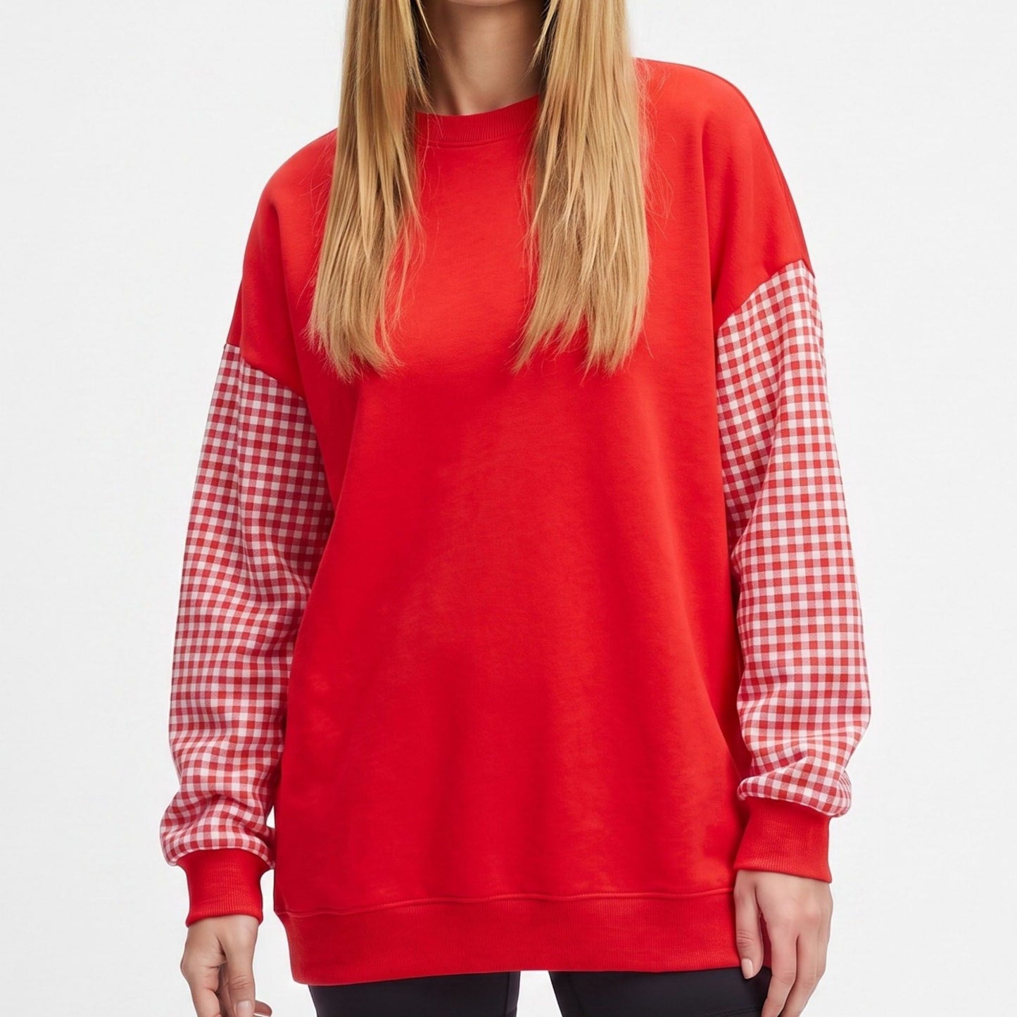 Plaid Sleeve Crew Neck Long Sleeve Pullover Sweatshirt