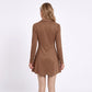 Brown Collared V Neck Long Sleeve Faux Suede Fit and Flare Mini Dress