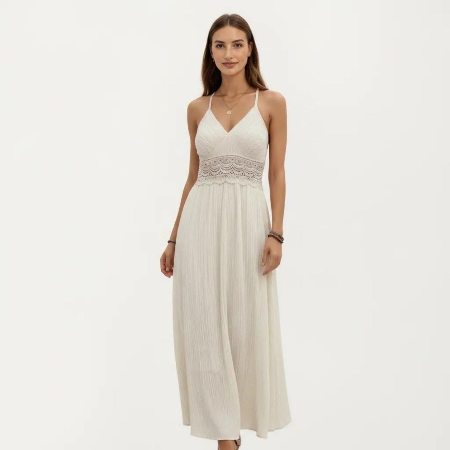 Sleeveless Maxi Dress with Lace Waist Detail Adjustable Straps Flowy Long Skirt Design