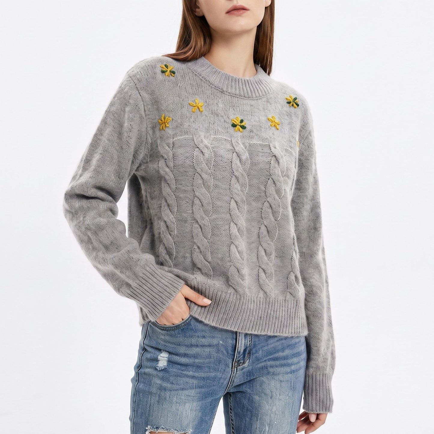 Floral Embroidered Cable Knit Crewneck Sweater