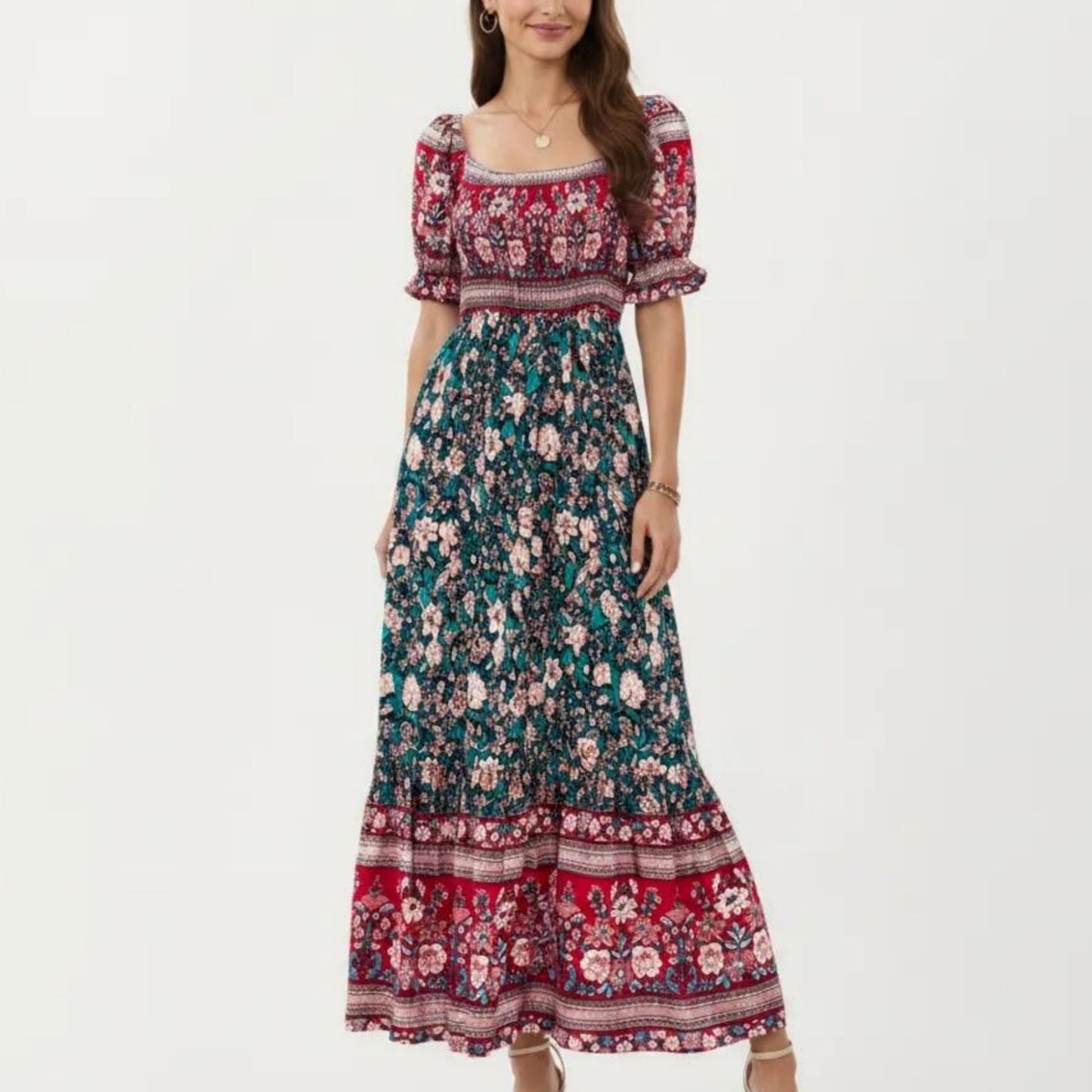 Puff Sleeve Maxi Dress with Mixed Floral Print and Border Hem