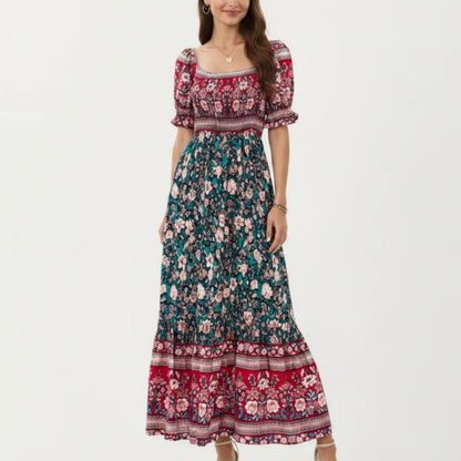 Puff Sleeve Maxi Dress with Mixed Floral Print and Border Hem