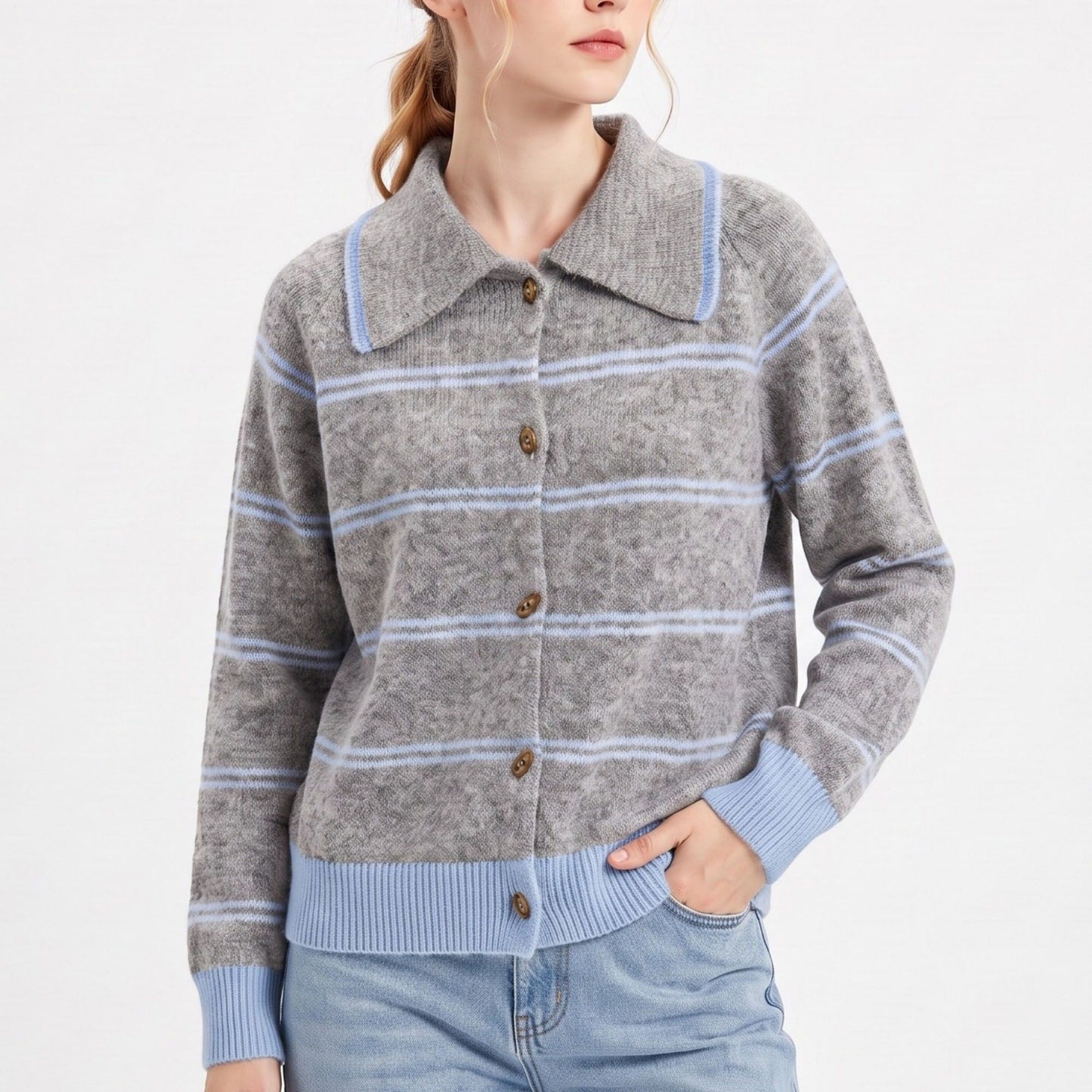 Striped Collared Button-Front Cardigan Sweater