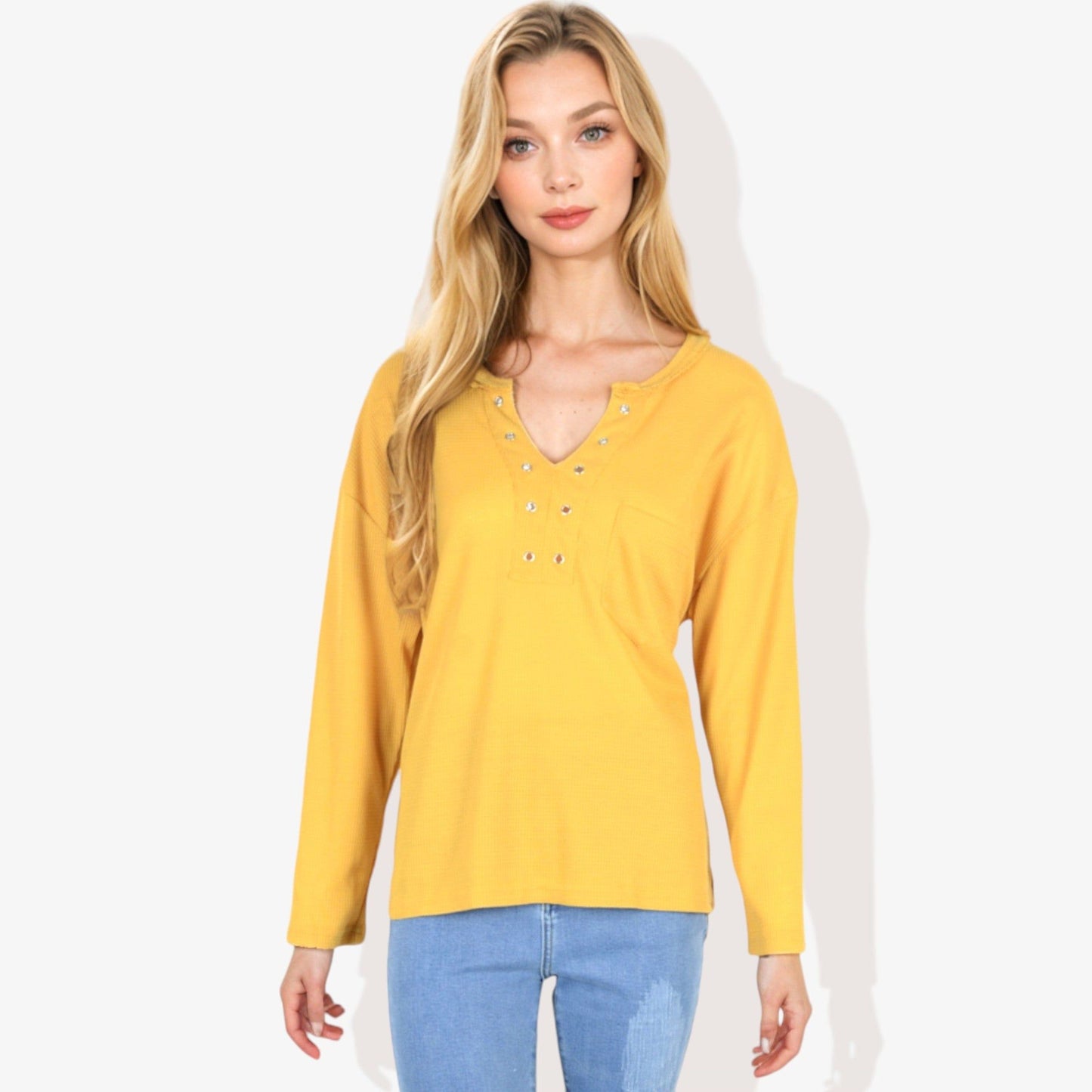 Rivet Detail V-Neck Textured Long Sleeve Pullover