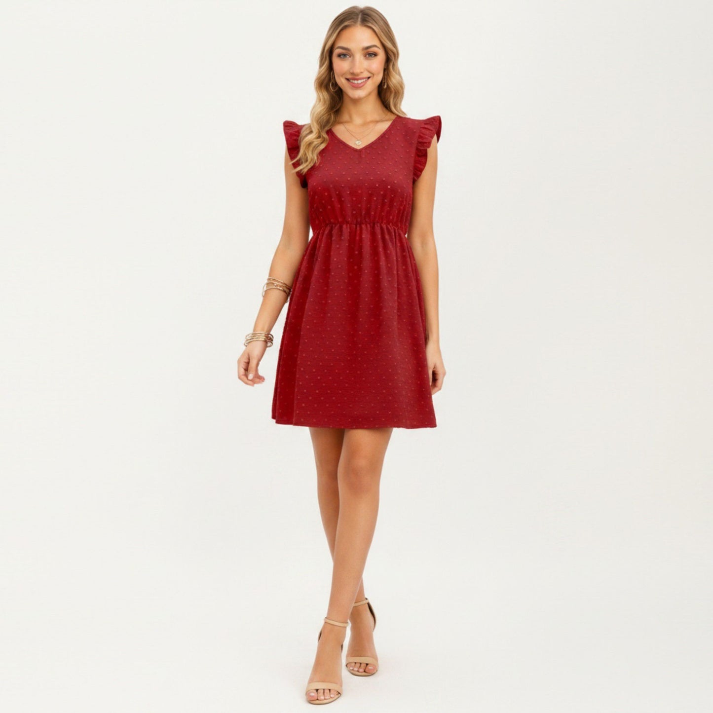 Swiss Dot Babydoll Dress with Ruffle Sleeves and V-Neckline