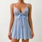 Lace Babydoll Chemise with V Neck Ribbon Bow and Flowy Skirt