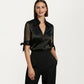 Satin Collared Blouse with Sheer Stripe Sleeves and Bow Tie Cuffs