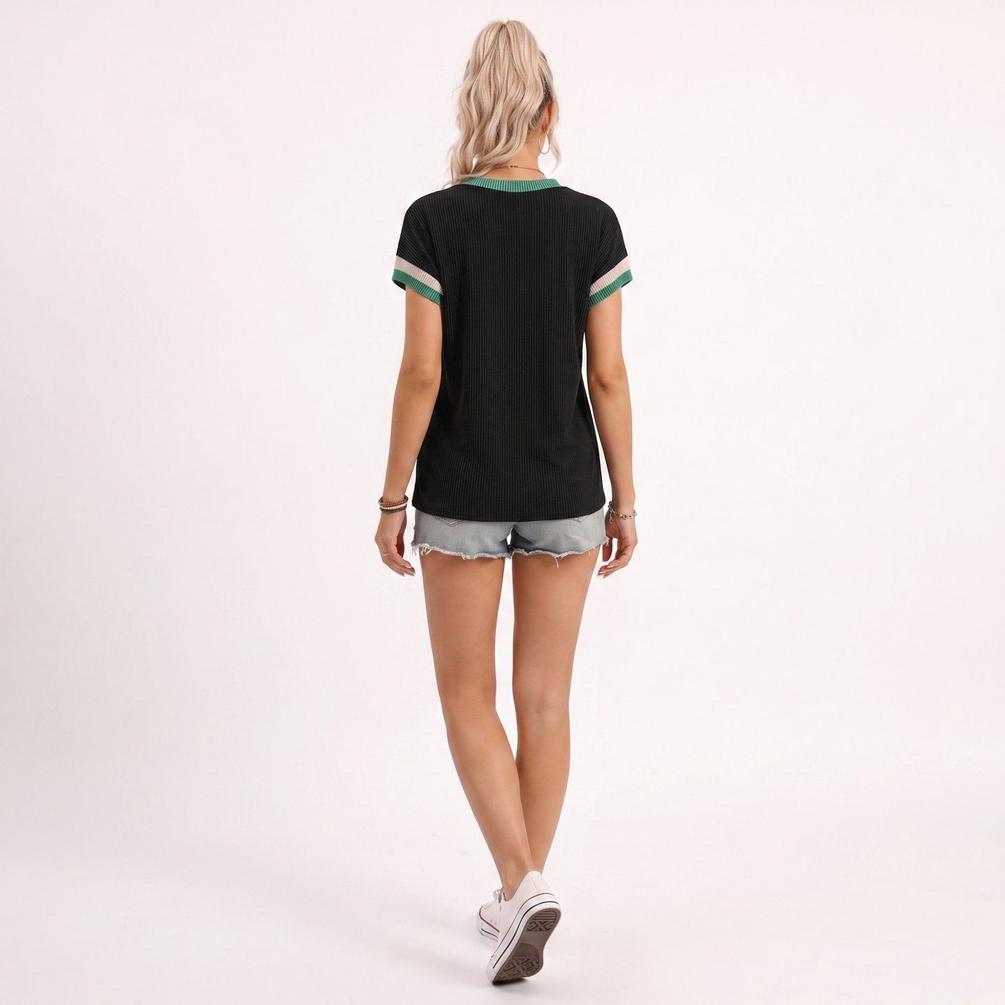 Ribbed Short Sleeve Top Contrast Trim Crew Neck Casual Tee