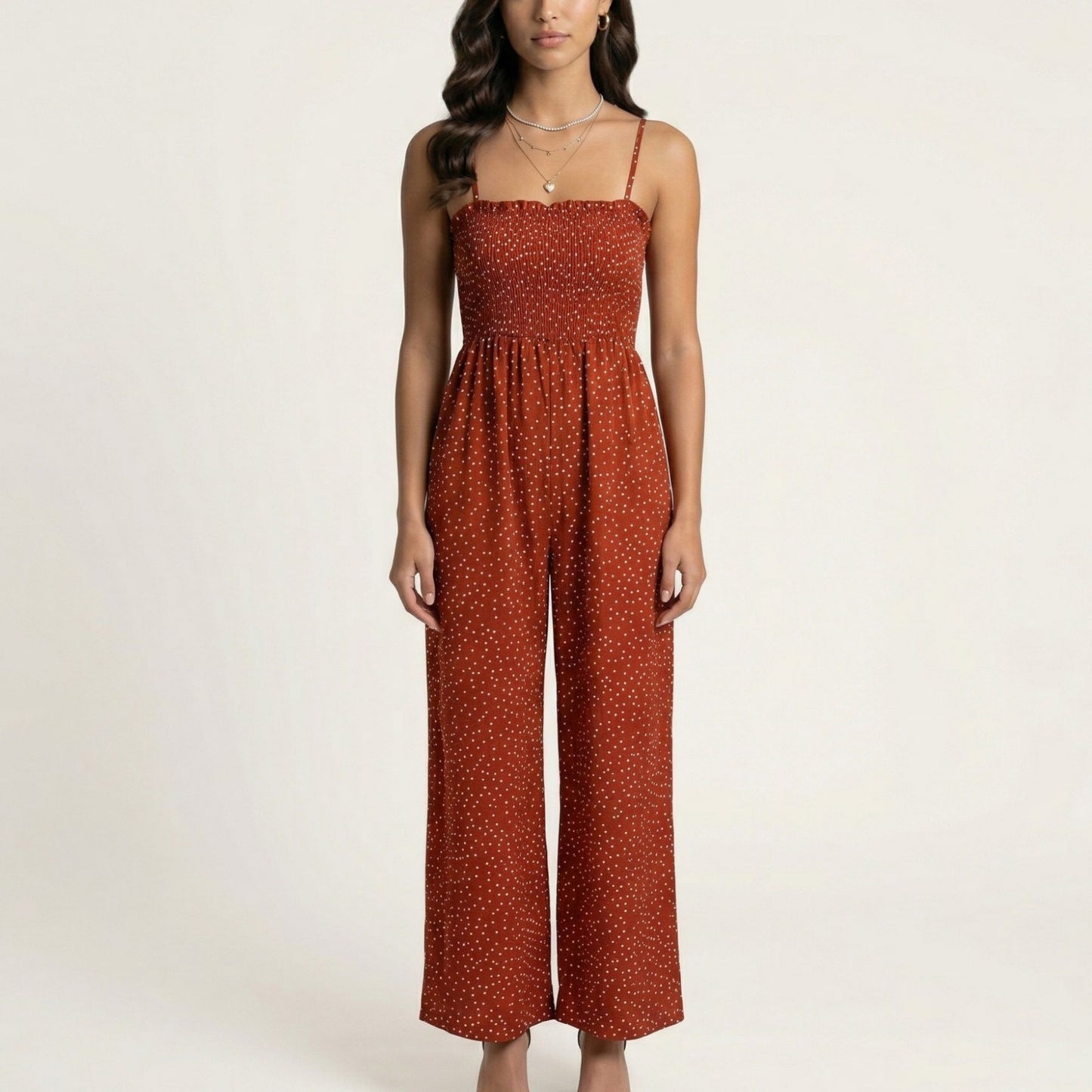 Sleeveless Polka Dot Wide Leg Jumpsuit with Spaghetti Straps Smocked Bodice Relaxed Fit