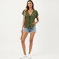 Short Sleeve Knit Cardigan Top with V-Neck Tie Front and Contrast Trim