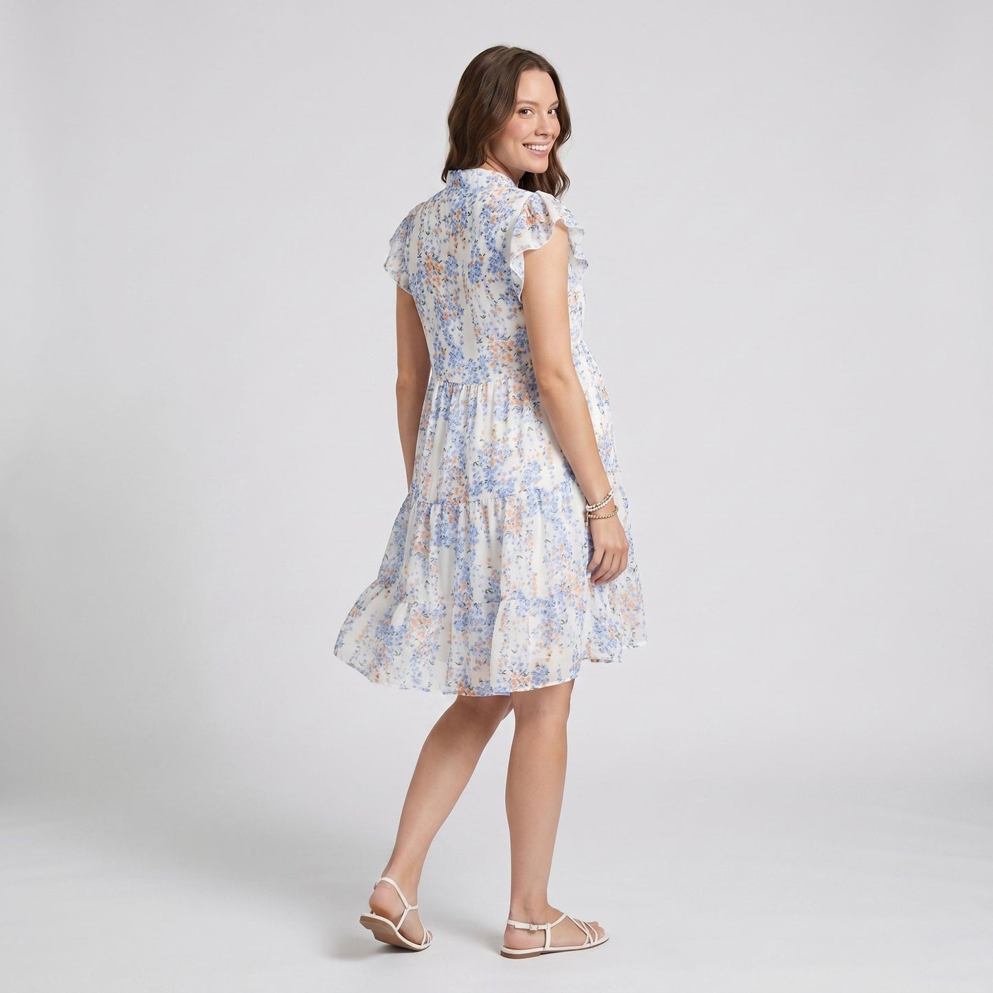 Floral Print Maternity Dress with Flutter Sleeves and Tiered Skirt