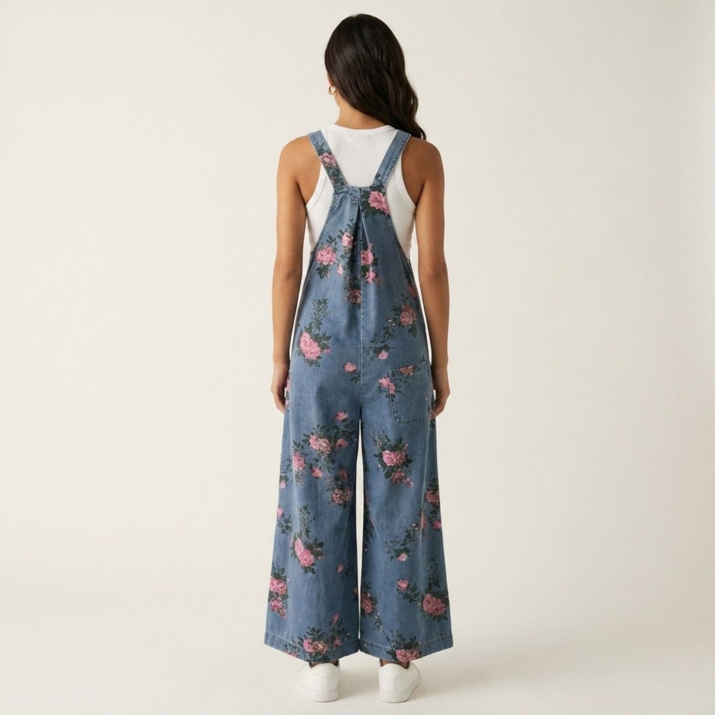 Floral Denim Overall Jumpsuit Wide Leg Adjustable Strap Loose Fit Casual Overalls