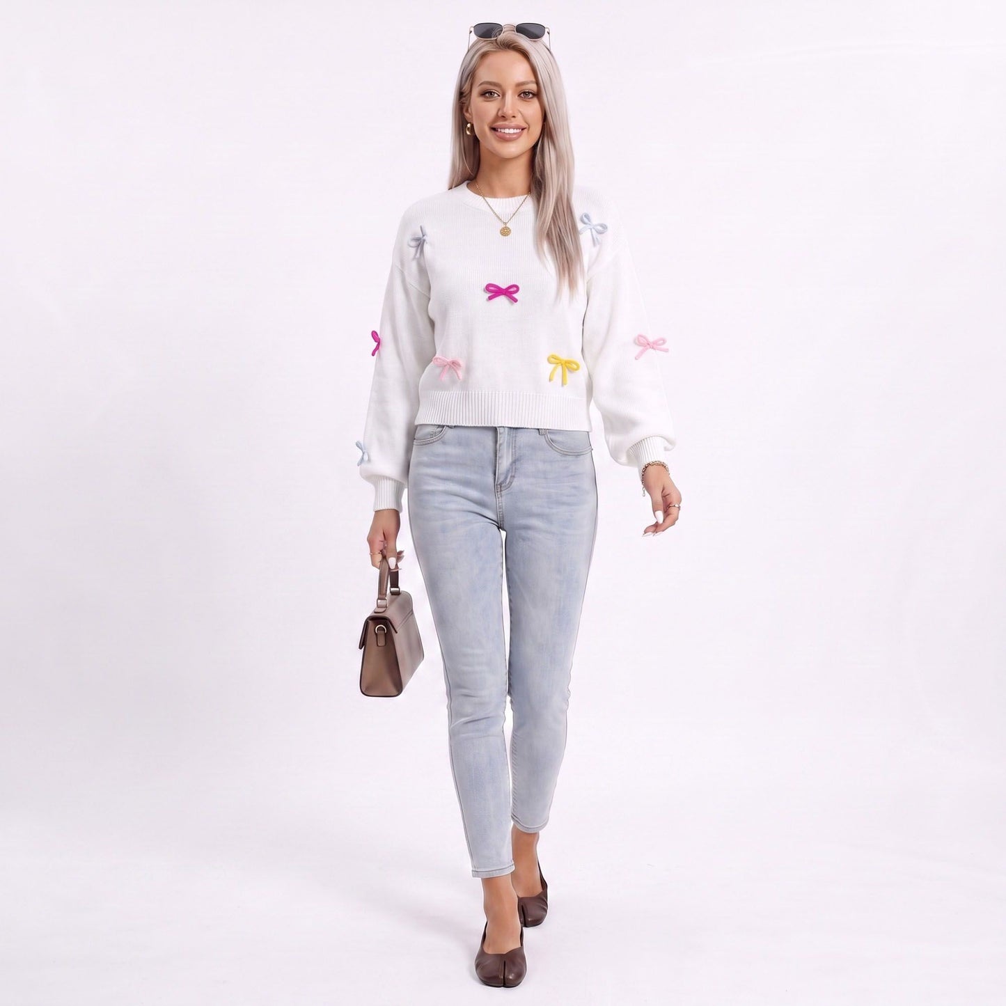 Colorful Bow Crew Neck Long Sleeve Knit Sweater