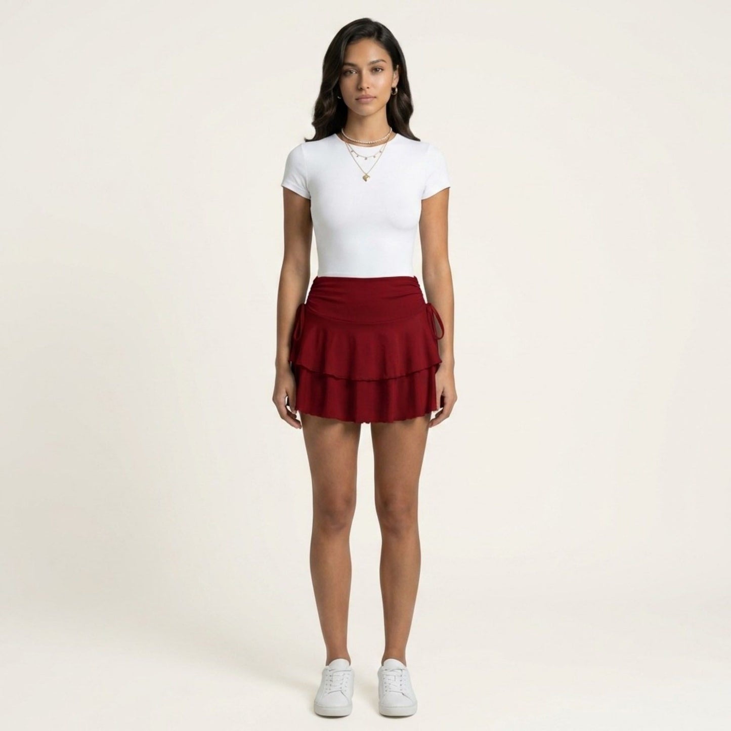 Tiered Ruffle Mini Skirt Side Tie High Waist Flowy Lightweight Casual Skirt