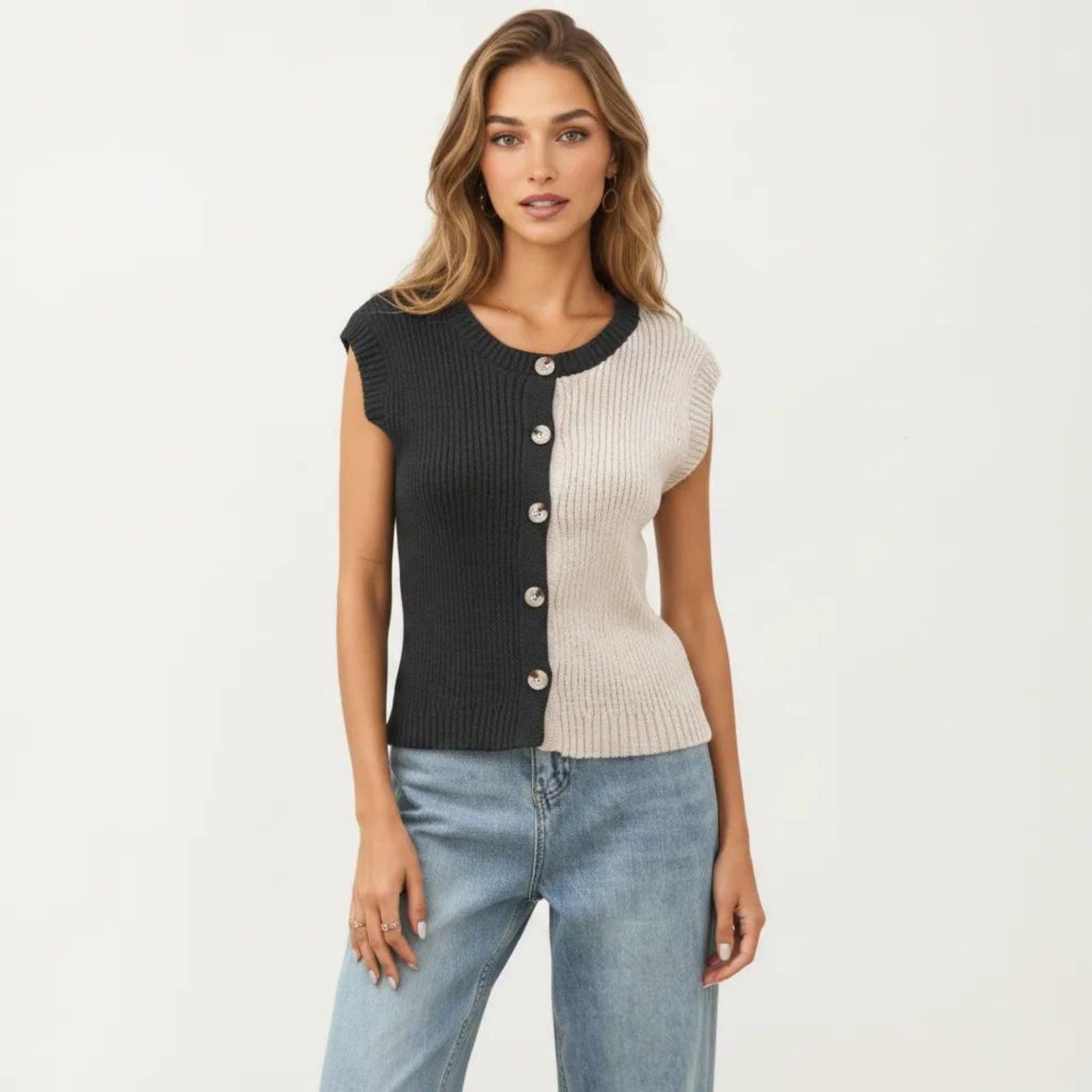 Sleeveless Colorblock Knit Vest with Button Front and Ribbed Trim