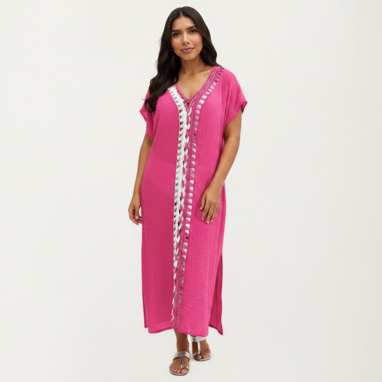 Maxi Swim Cover Up Dress with Crochet Trim V Neck Short Sleeves Relaxed Lightweight Fit