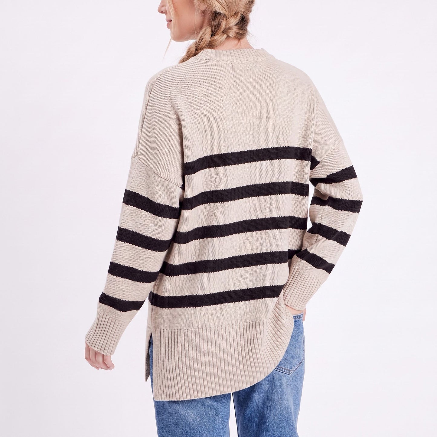 Oversized Striped Crewneck Side Slit Tunic Sweater