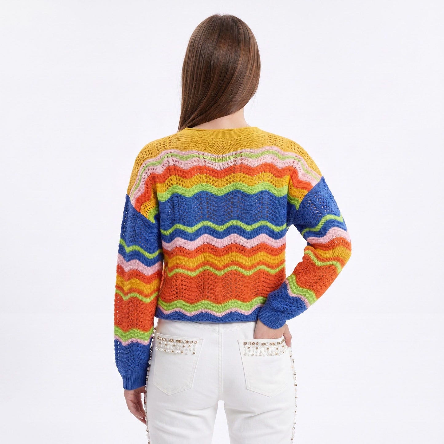 Multicolor Wave Stripe Openwork Knit Long Sleeve Pullover Sweater