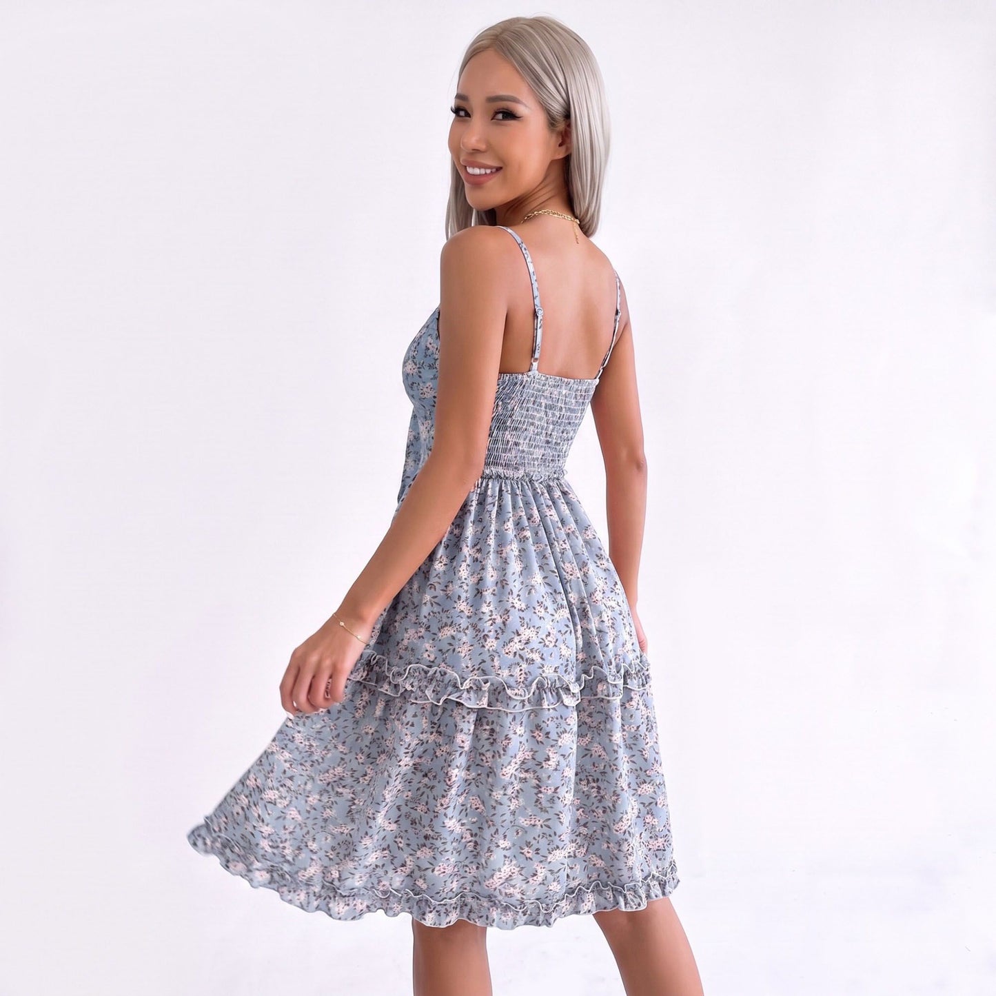 Floral Tie Front Cutout Smocked Ruffle Tiered Dress