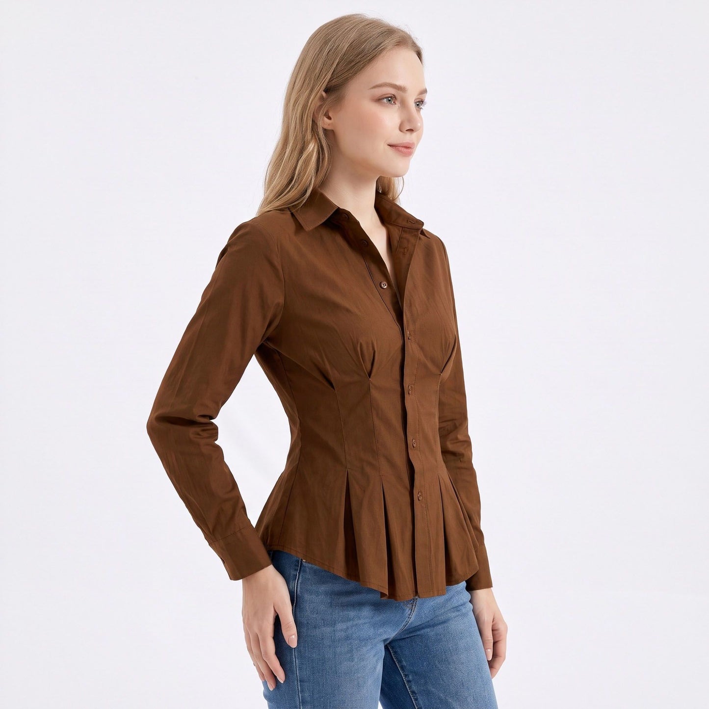 Long Sleeve Button Down Peplum Shirt with Collared Neckline