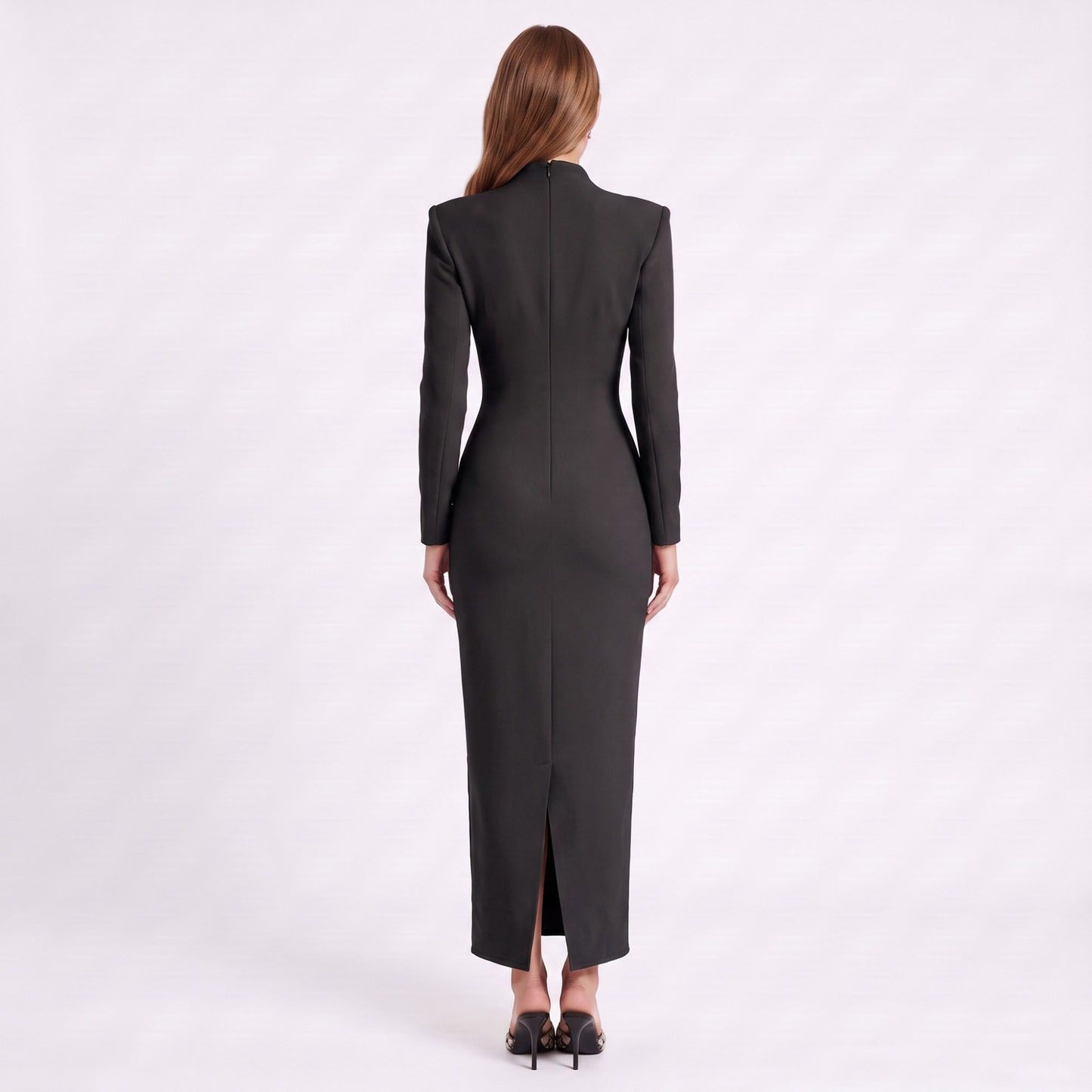 Long Sleeve Maxi Dress with Deep V Neck and Back Slit