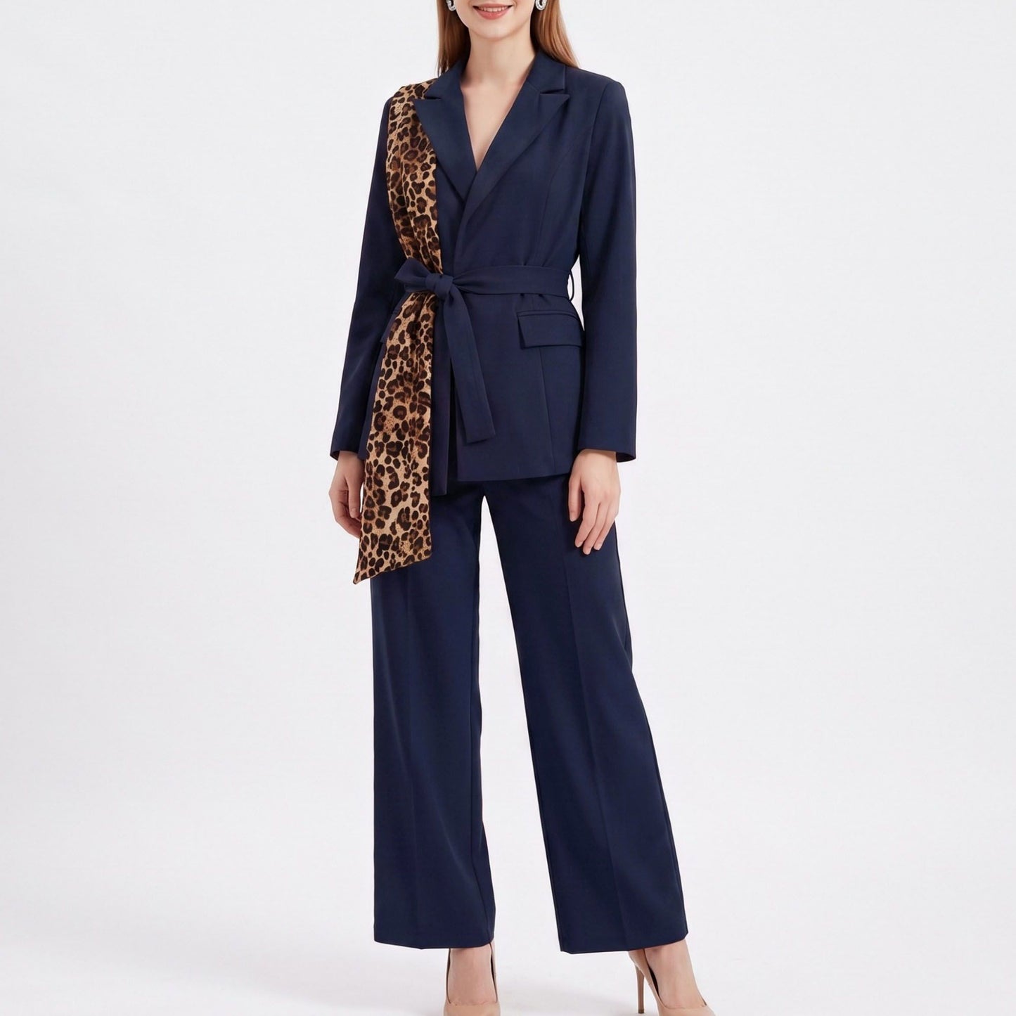 Long Sleeve Blazer and Pants Two Piece Set with Draped Scarf Detail
