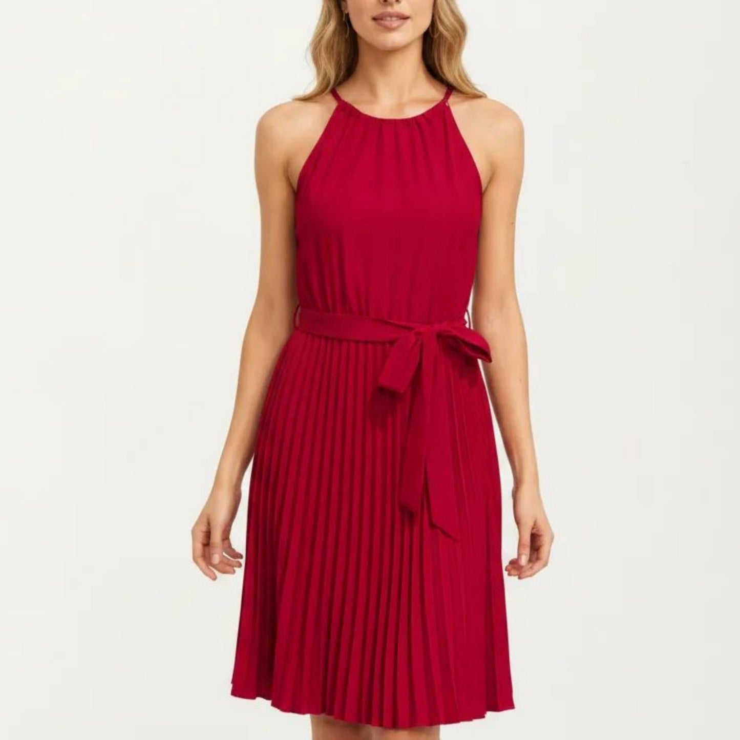 Sleeveless Halter Midi Dress with Pleated Skirt and Waist Tie