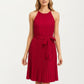 Sleeveless Halter Midi Dress with Pleated Skirt and Waist Tie