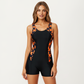 One Piece Swim Romper with Scoop Neckline and Contrast Printed Side Panels