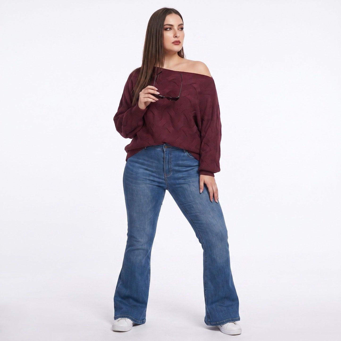 Plus Size Off Shoulder Cable Knit Pullover Sweater
