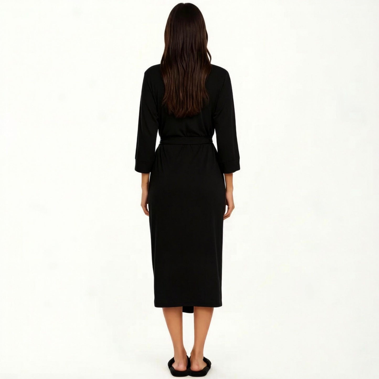 Long Lightweight Robe with Shawl Collar Tie Waist Belt Front Pockets Soft Knit Robe
