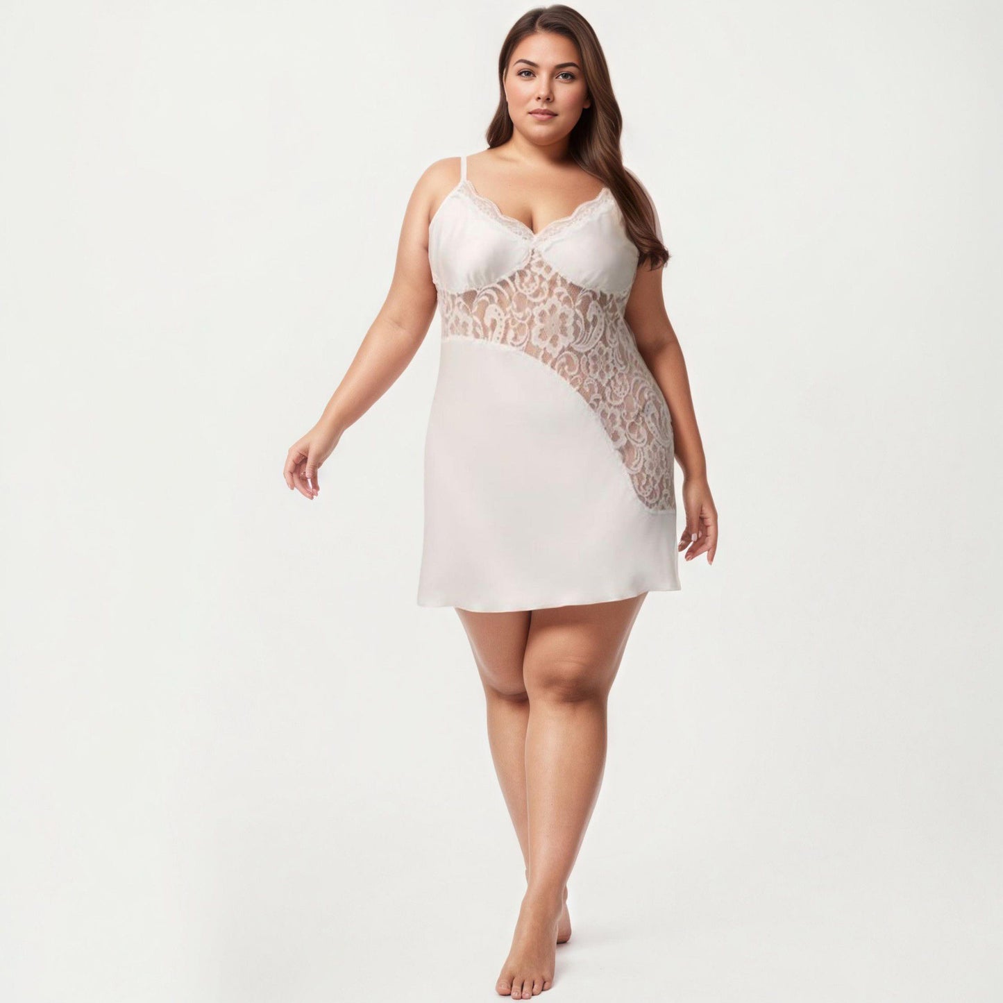 Plus Size Lace Panel Chemise Slip Dress Adjustable Strap Sleepwear