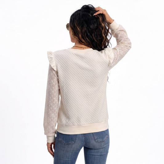 Lace Sleeve V Neck Quilted Ruffle Shoulder Top