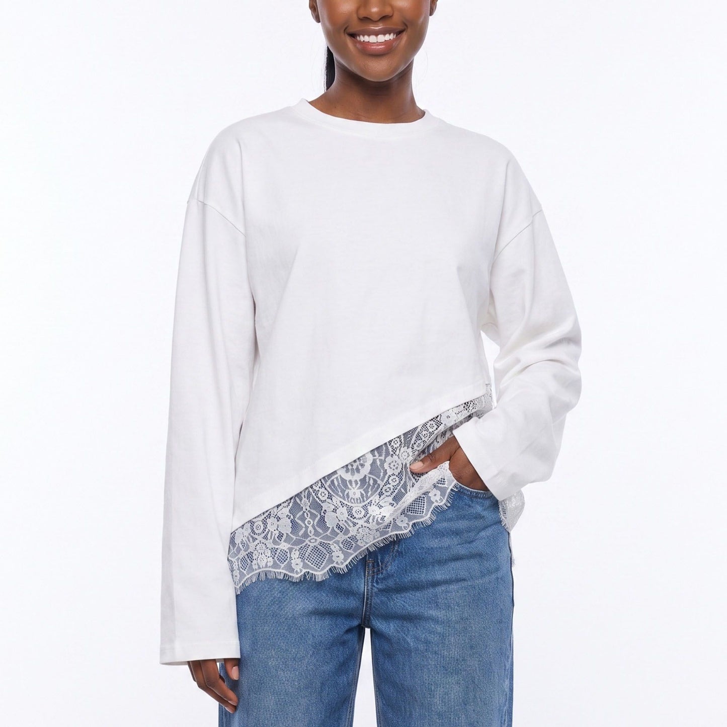 Asymmetrical Lace Hem Long Sleeve Top