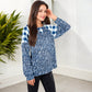 Mixed Print Long Sleeve Raglan Top Plaid Leopard Pattern